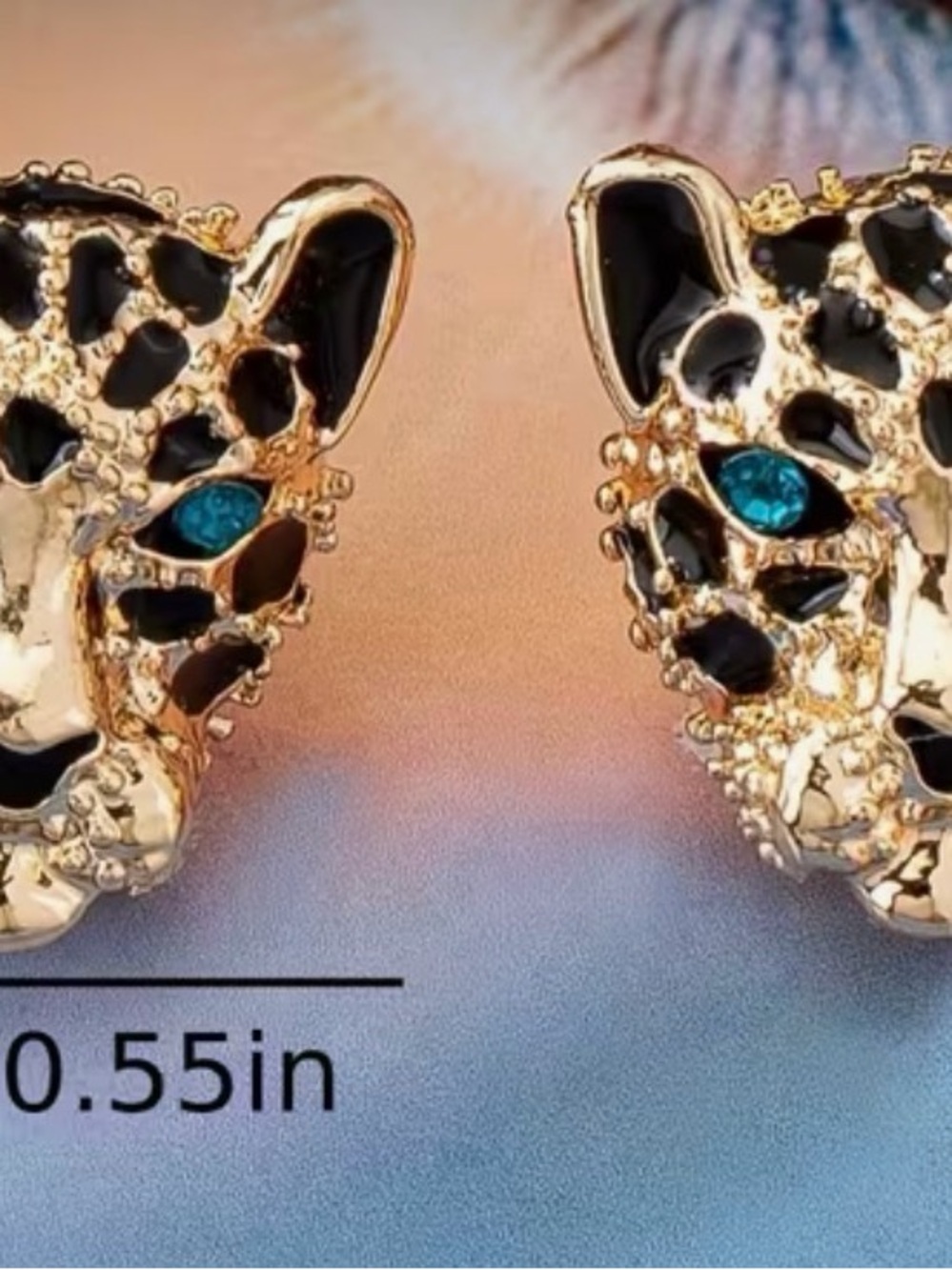 Gold Leopard Head Stud Earrings with Black Enamel and Teal Crystal Eyes
